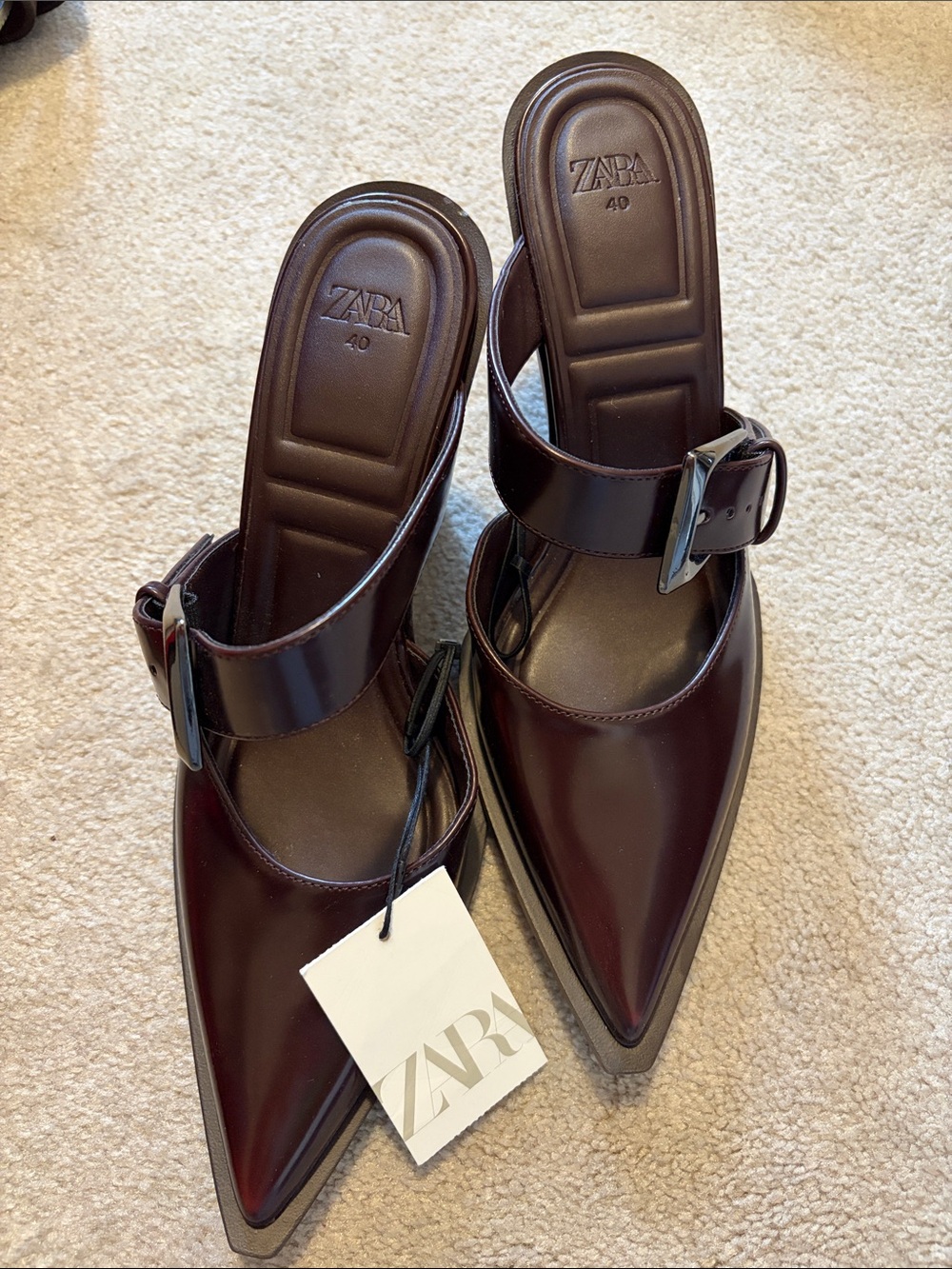 ZARA Pointed Buckle Mules in Dark Burgundy